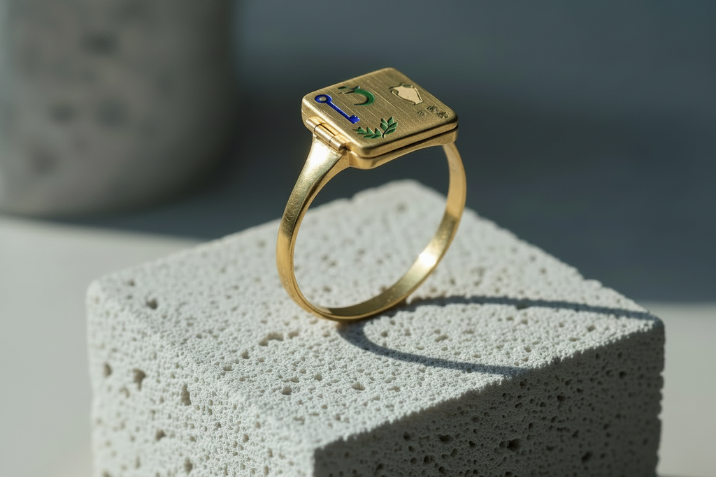 Bague chevalière carrée en or avec émaux colorés motifs nature posée sur pierre ponce