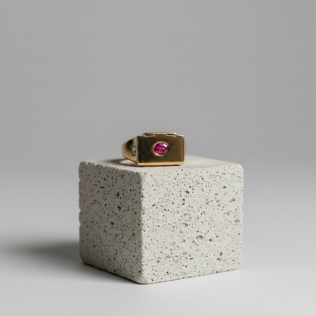 Bague chevalière en or jaune sertie d'un rubis ovale présentée sur socle en pierre
