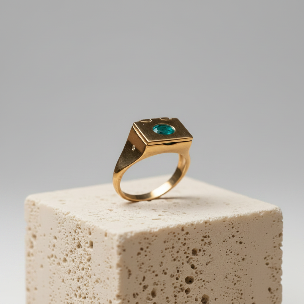 Bague chevalière en or avec pierre turquoise sur présentoir en travertin beige