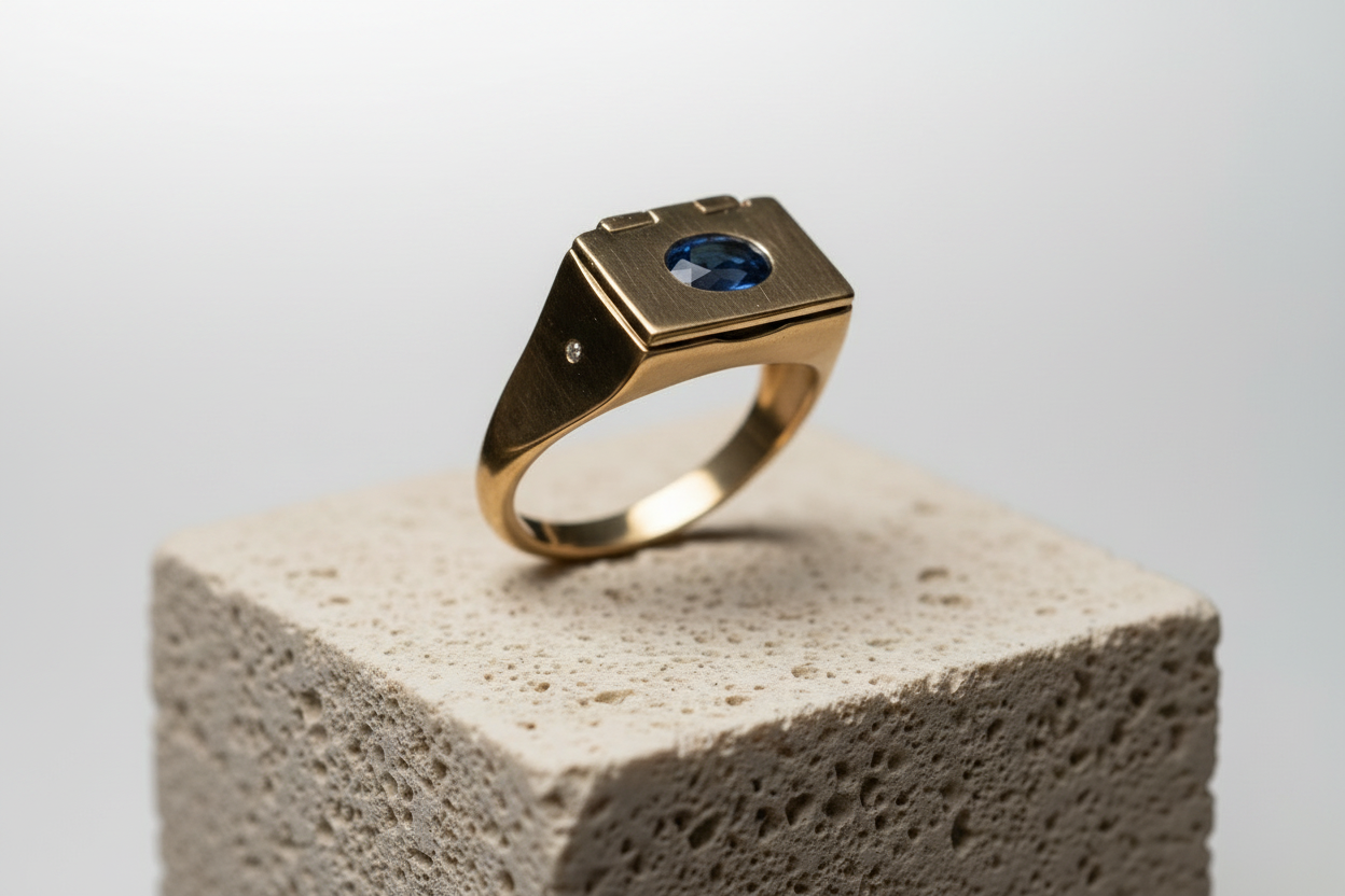 Chevalière or avec saphir bleu ovale et petit diamant sur côté